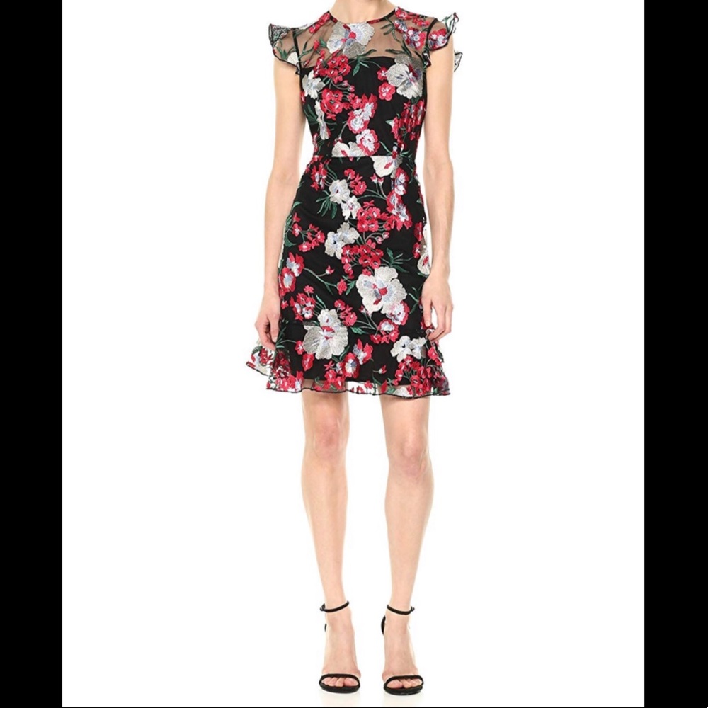 Illusion Floral Embroidered Flutter Sleeve Dress